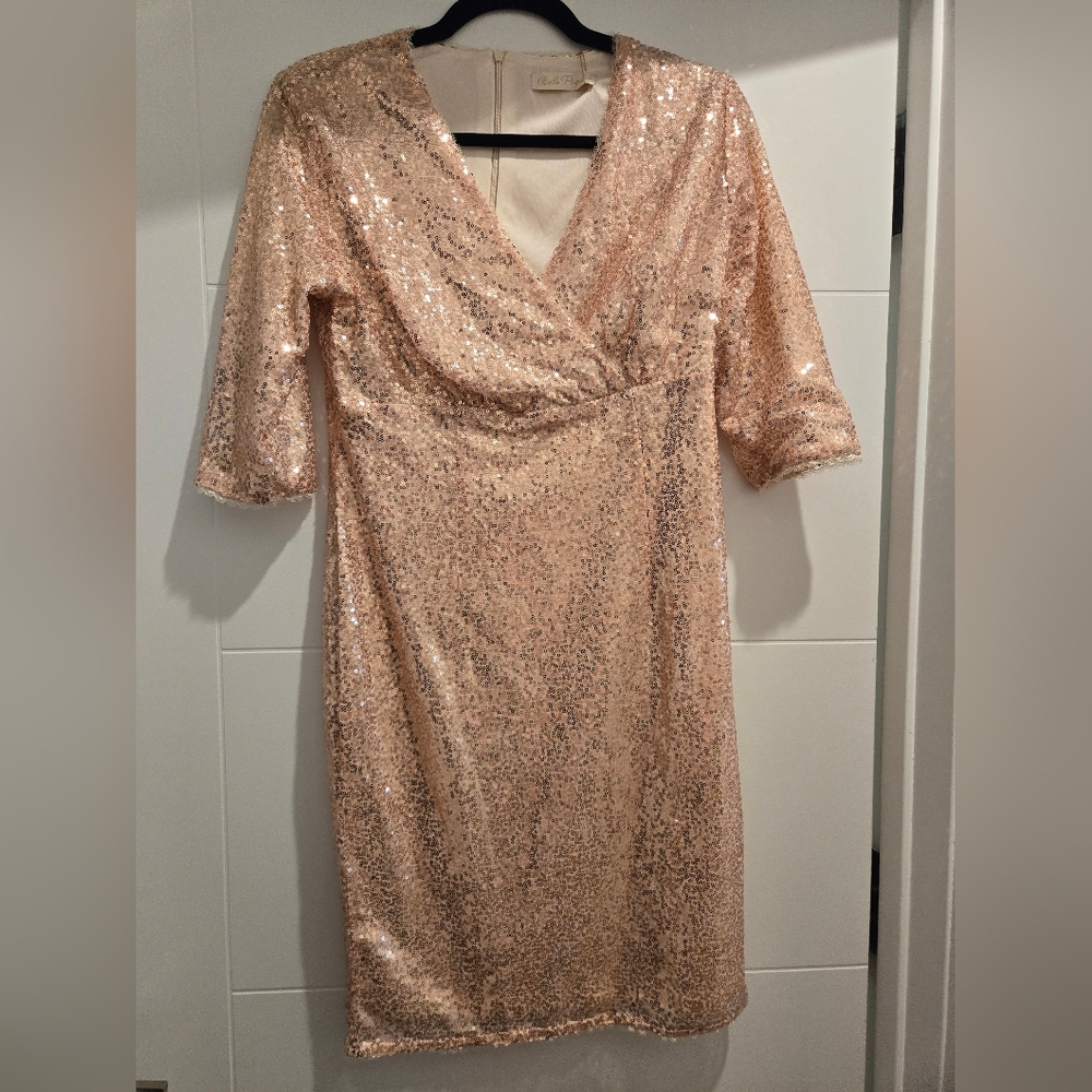 NWT 3/4 Sleeve Belle Poque Vintage 50s Sequin Rose Gold Dress with Lace